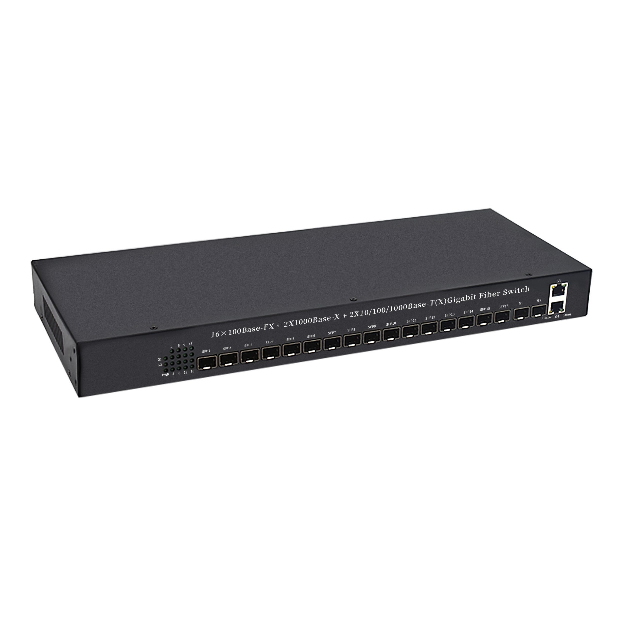 Product gallery: 16-Port Unmanaged Fast Ethernet SFP Switch, 2 Gigabit RJ45/SFP Uplinks, Rack-Mount, PoE 802.3af/at