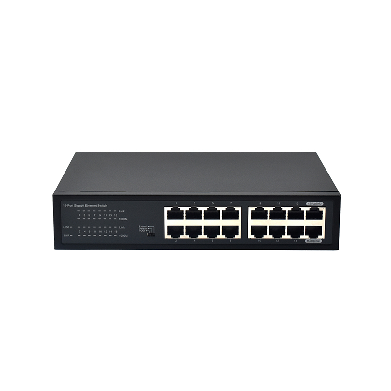 Feature image: Unmanaged 16-Port Mini Gigabit Switch, 10/100/1000Mbps, Metal Housing, Desktop/Rack-Mount, VLAN/Extend/Default Modes, Fanless, for Small Business & IP Surveillance
