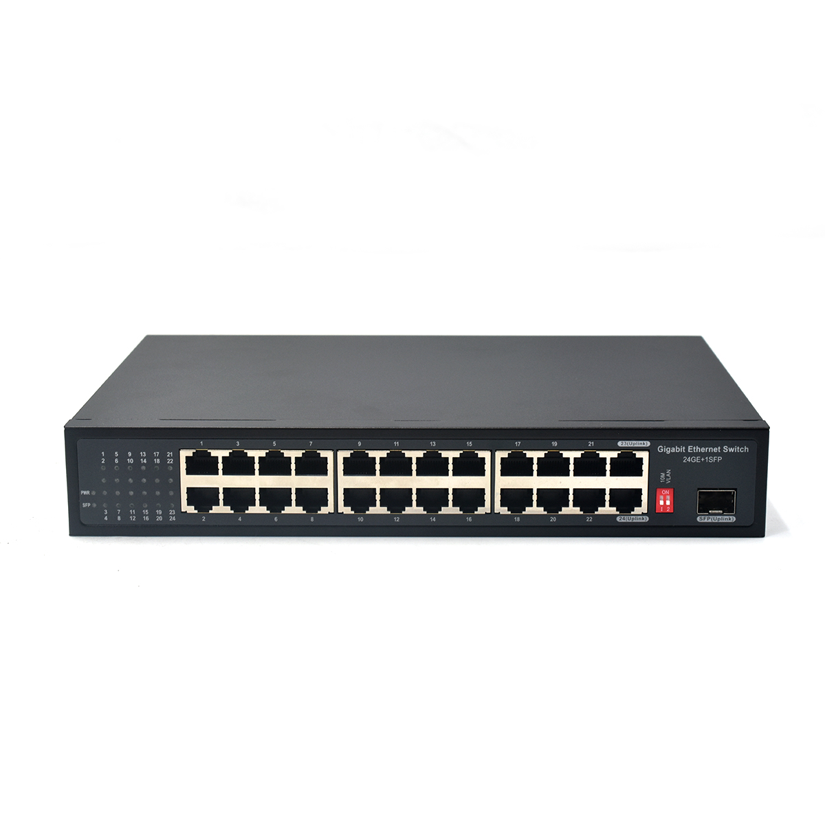 showcase of 24 RJ45 Gigabit Unmanaged Ethernet Switch with 1 SFP, 10/100/1000Mbps, VLAN & 250m Extension, Desktop/Wall Mount