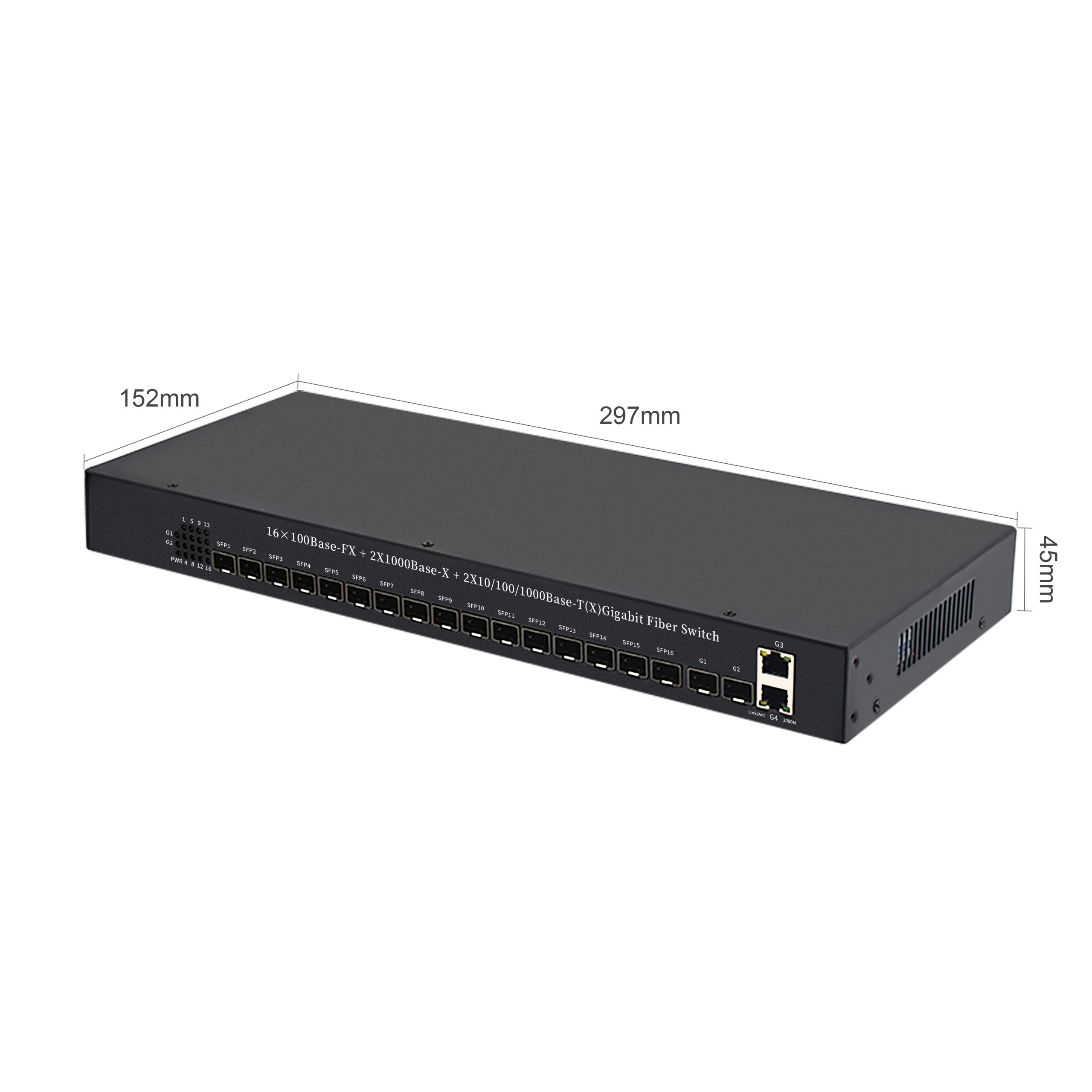 Product gallery: 16-Port Unmanaged Fast Ethernet SFP Switch, 2 Gigabit RJ45/SFP Uplinks, Rack-Mount, PoE 802.3af/at