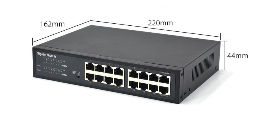 Product size: Unmanaged 16-Port Mini Gigabit Switch, 10/100/1000Mbps, Metal Housing, Desktop/Rack-Mount, VLAN/Extend/Default Modes, Fanless, for Small Business & IP Surveillance