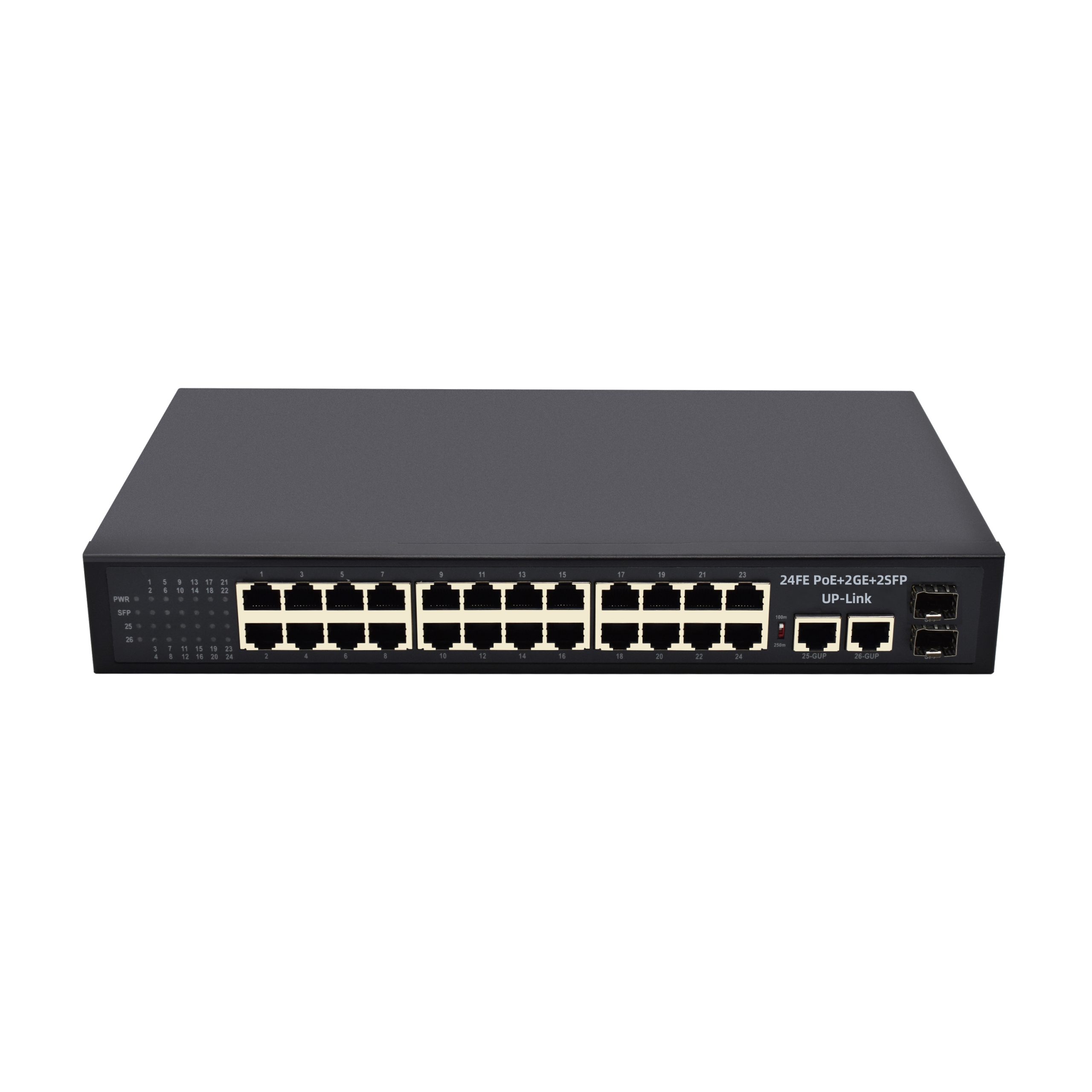 Product Gallery: Unmanaged 24-Port PoE Switch for CCTV, 2 Gigabit RJ45 Uplink + 2 SFP Slots, 250m Long Distance, Desktop/Wall/Rack Mount 2