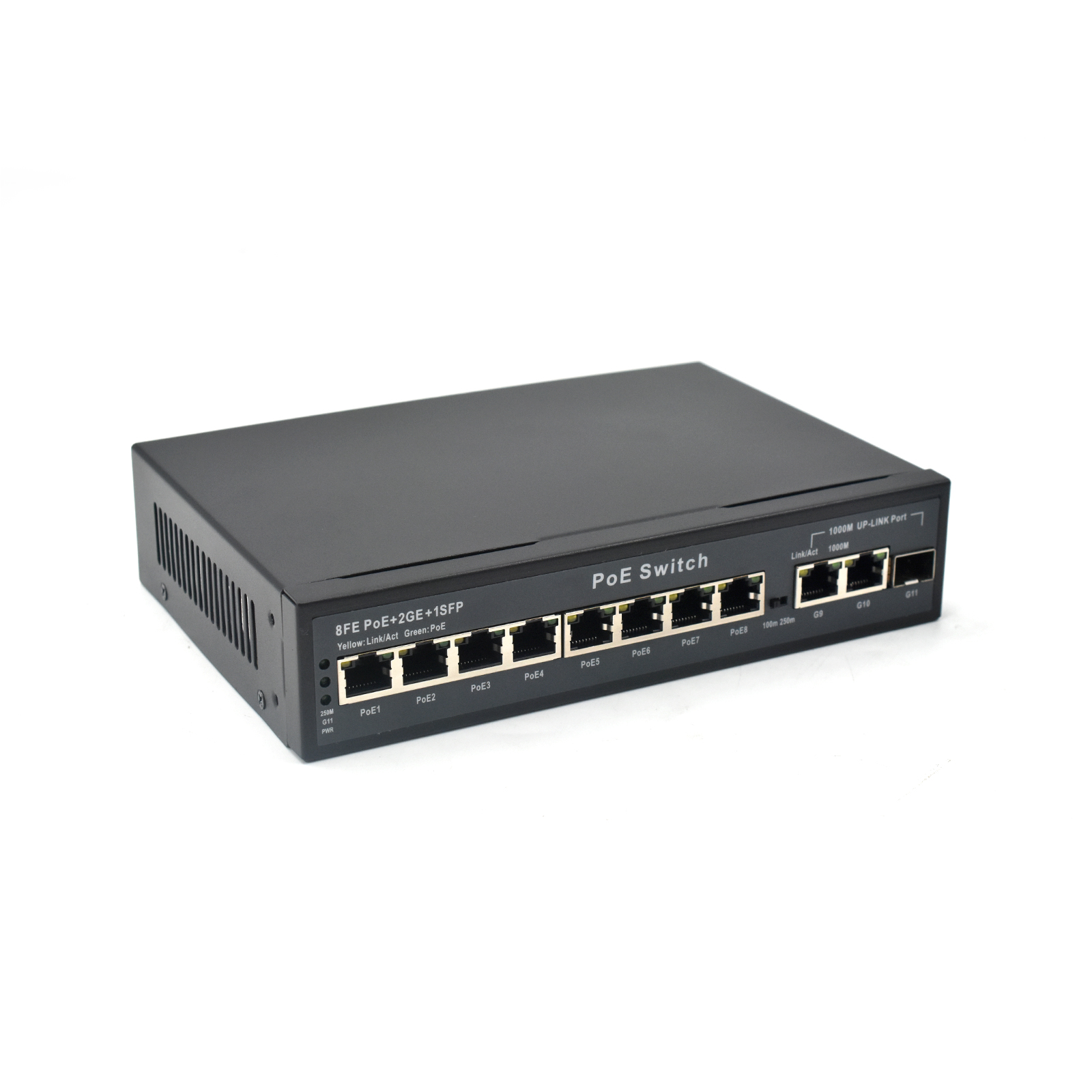 Product gallery: Unmanaged 8 Port PoE Switch with Fiber Uplink, 2 Gigabit RJ45, 1 SFP Slot, 250m Extend Mode for Long-Distance Surveillance