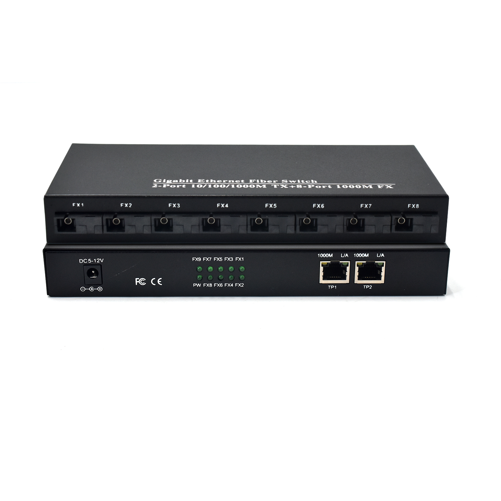 showcase of Unmanaged Media Converter Fiber to Ethernet Switch, 8 SFP Fiber Ports 1.25Gbps, 2 Gigabit RJ45, Plug-and-Play Metal Case for Industrial & Office Networks