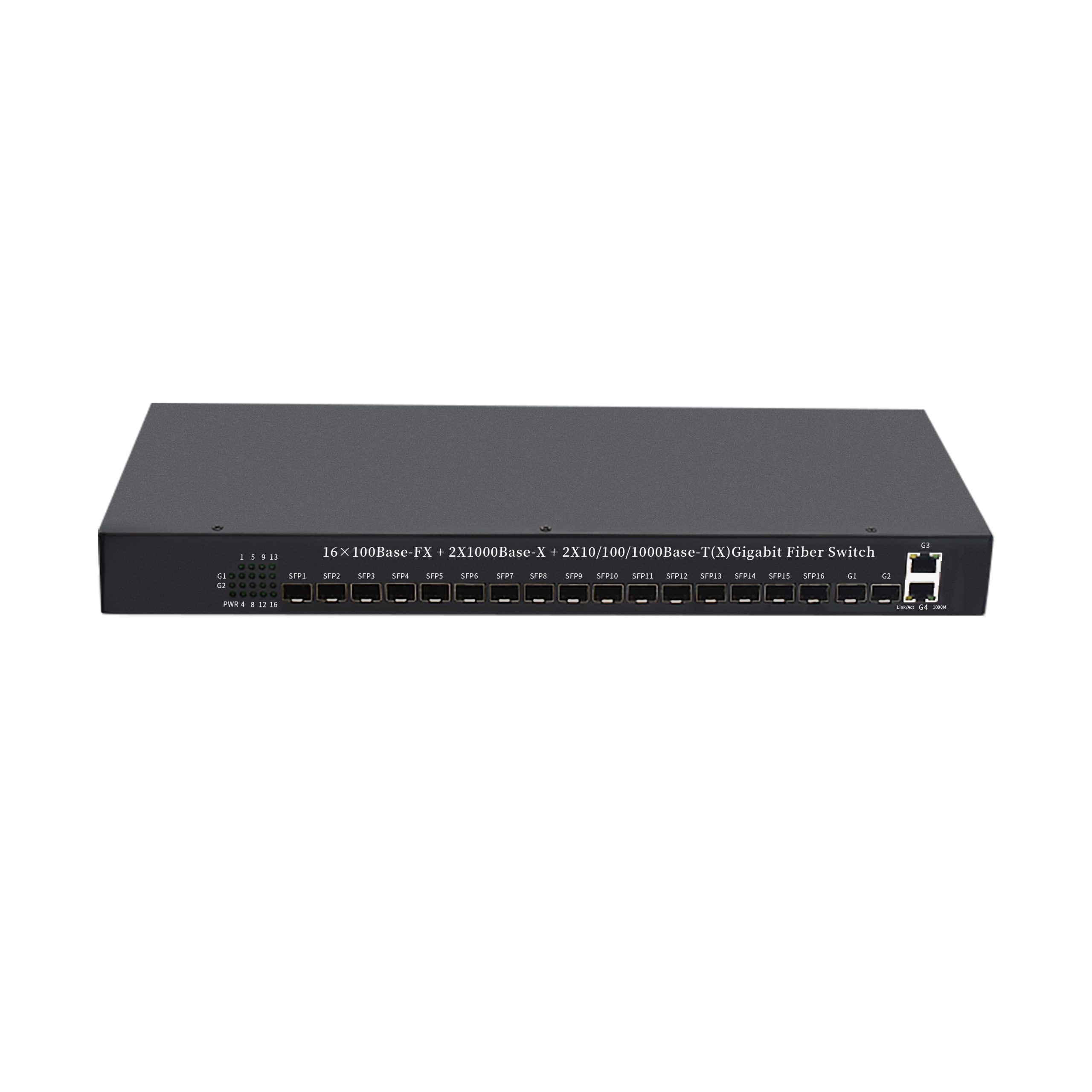 showcase of Unmanaged Ethernet Fiber Switch, 16 x 100M SFP Slots, 2 x Gigabit Uplink SFP + 2 x RJ45, Desktop/Rack-Mount for Small Business Networks