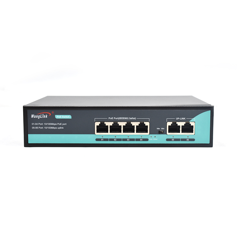 Feature image: Unmanaged 4 Port PoE Switch, 6-Port Fast Ethernet with 2 RJ45 Uplink, 65W Budget, VLAN & 250m Extend Mode for IP Surveillance and Small Business