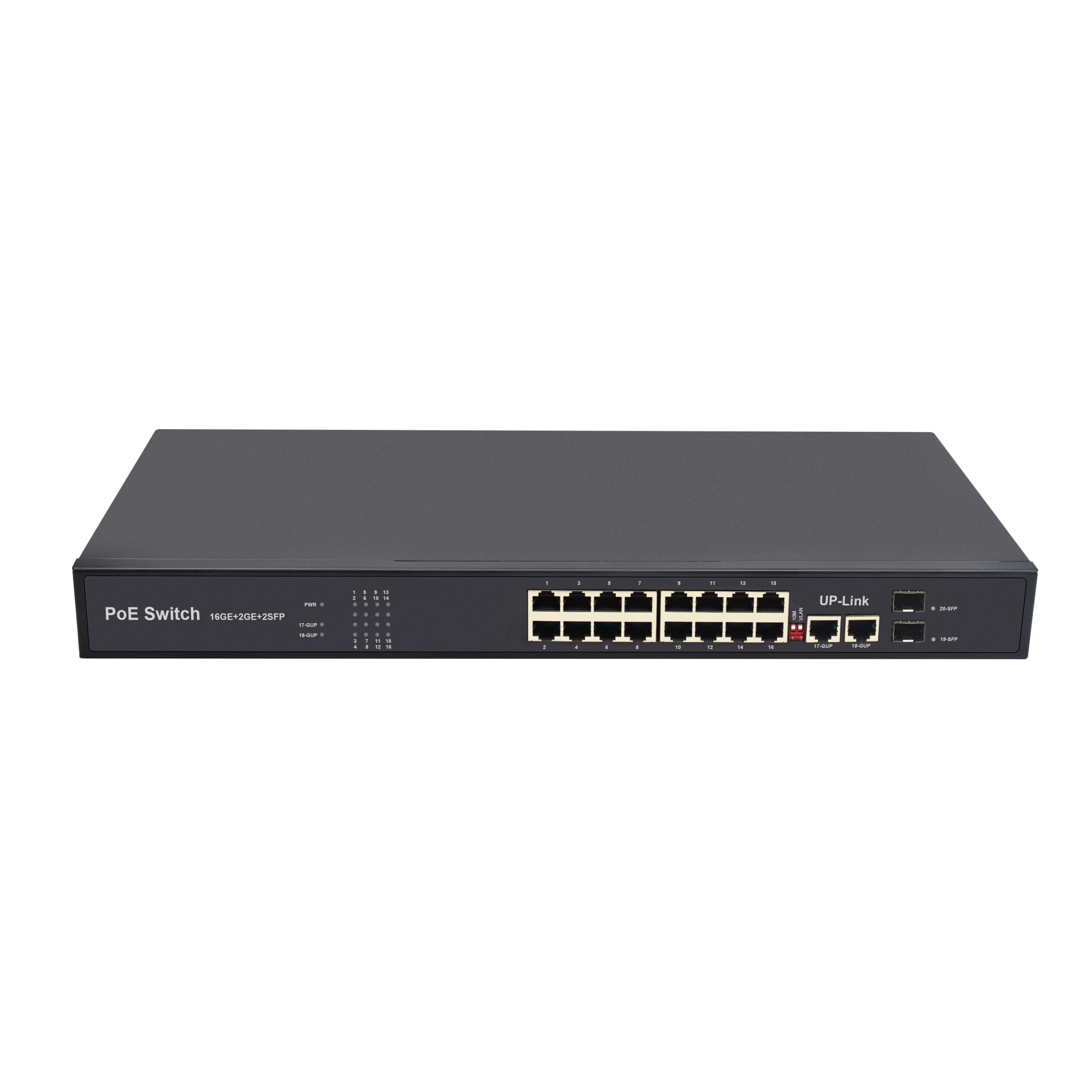 showcase of Unmanaged PoE Ethernet Switch 16 Port Gigabit, 2 SFP Slots, Desktop/Wall/Rack Mount for Surveillance & Office