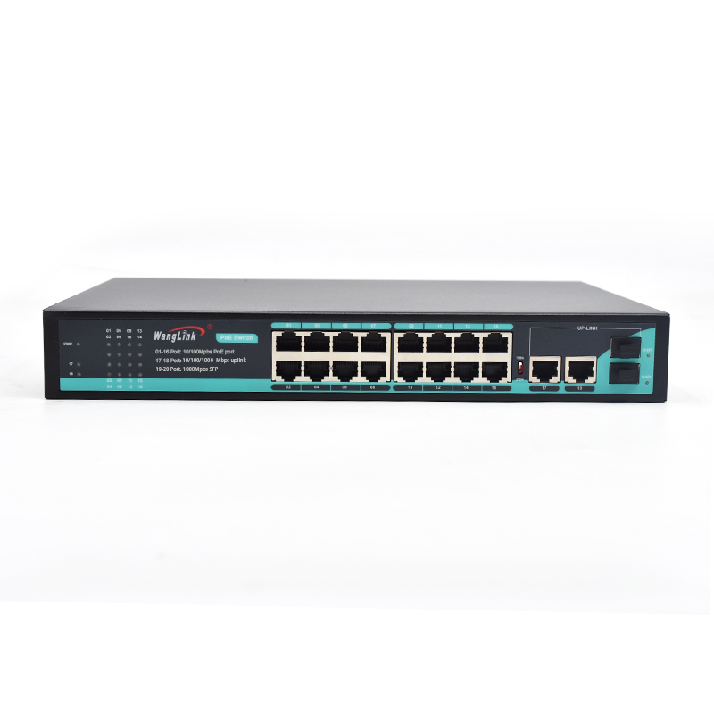 showcase of Unmanaged 16 Channel PoE Switch, 16 PoE+2 Gigabit RJ45+2 SFP, VLAN & 250m Extend, Metal, for Surveillance & SMB