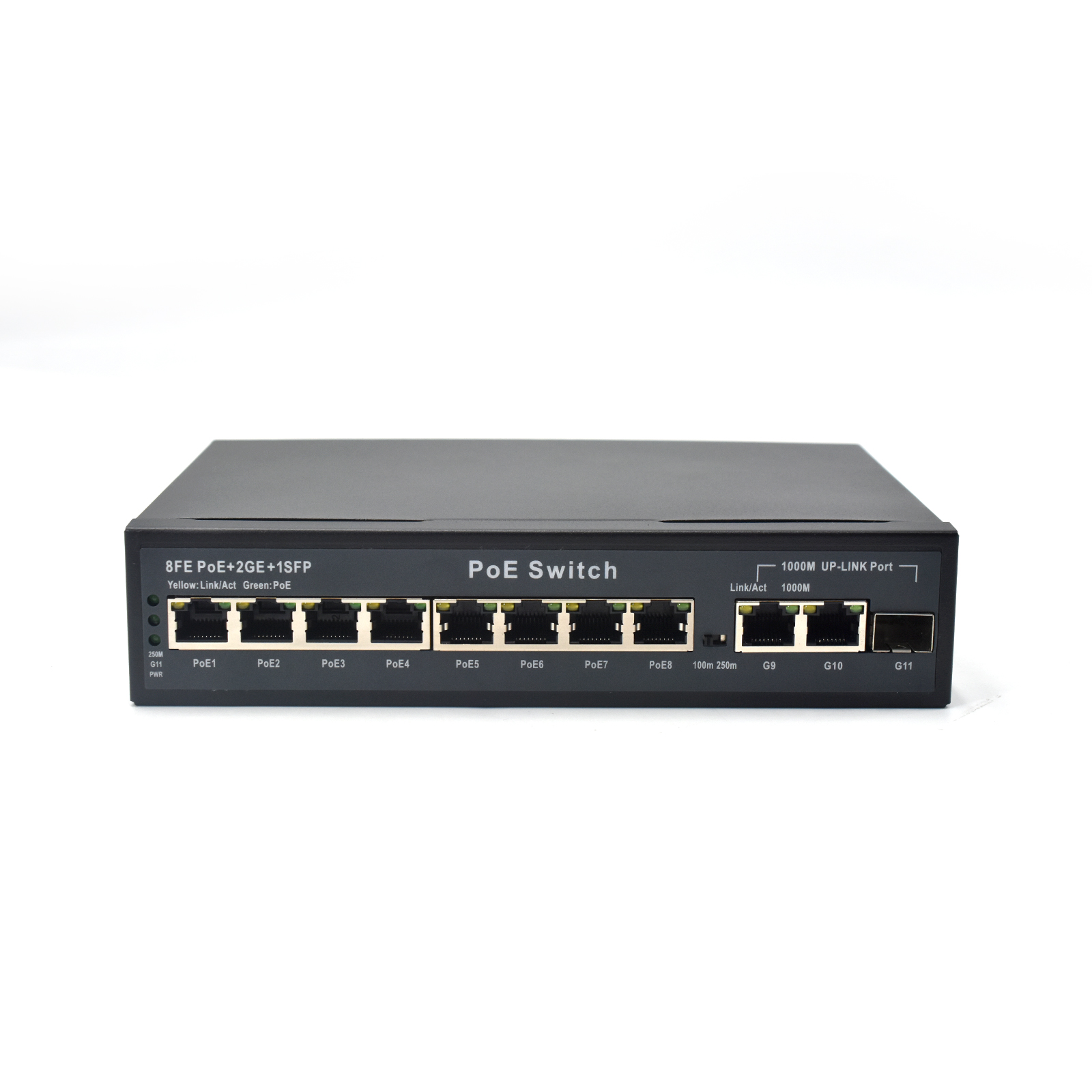 showcase of Unmanaged 8 Port PoE Switch with Fiber Uplink, 2 Gigabit RJ45, 1 SFP Slot, 250m Extend Mode for Long-Distance Surveillance