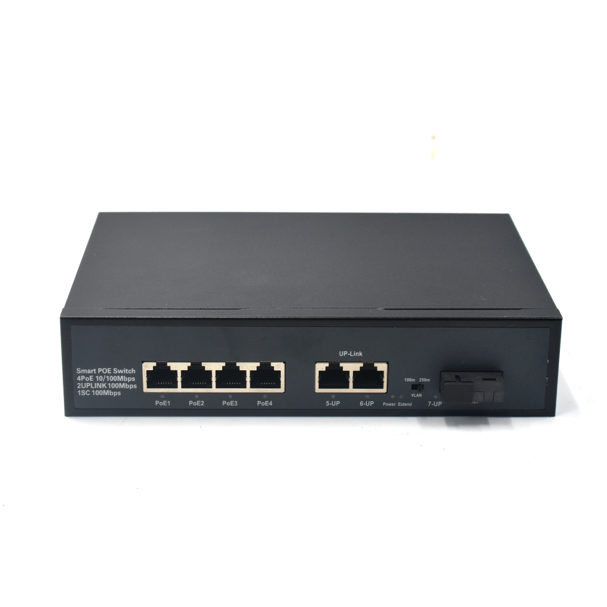 Product Gallery: Unmanaged PoE Network Switch 4 Port Fast Ethernet, 2 Uplink RJ45, 1 Fiber Port, 250m Extend Mode, VLAN Isolation, Desktop/Wall Mount 2