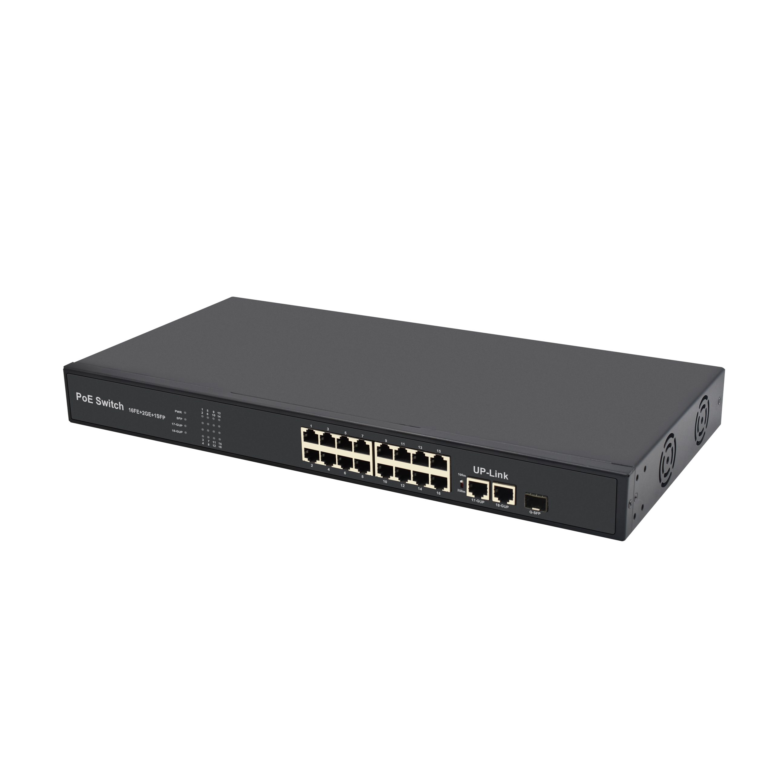Product Gallery: Unmanaged 16 Port PoE Switch with 2 Gigabit Uplink and SFP Slot, Fast Ethernet, VLAN & 250m Extend Mode for Surveillance 2