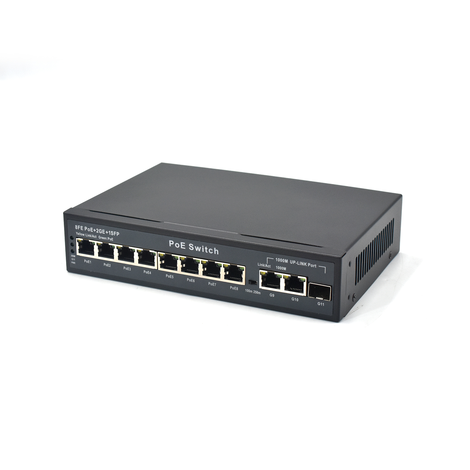 Product gallery: Unmanaged 8 Port PoE Switch with Fiber Uplink, 2 Gigabit RJ45, 1 SFP Slot, 250m Extend Mode for Long-Distance Surveillance