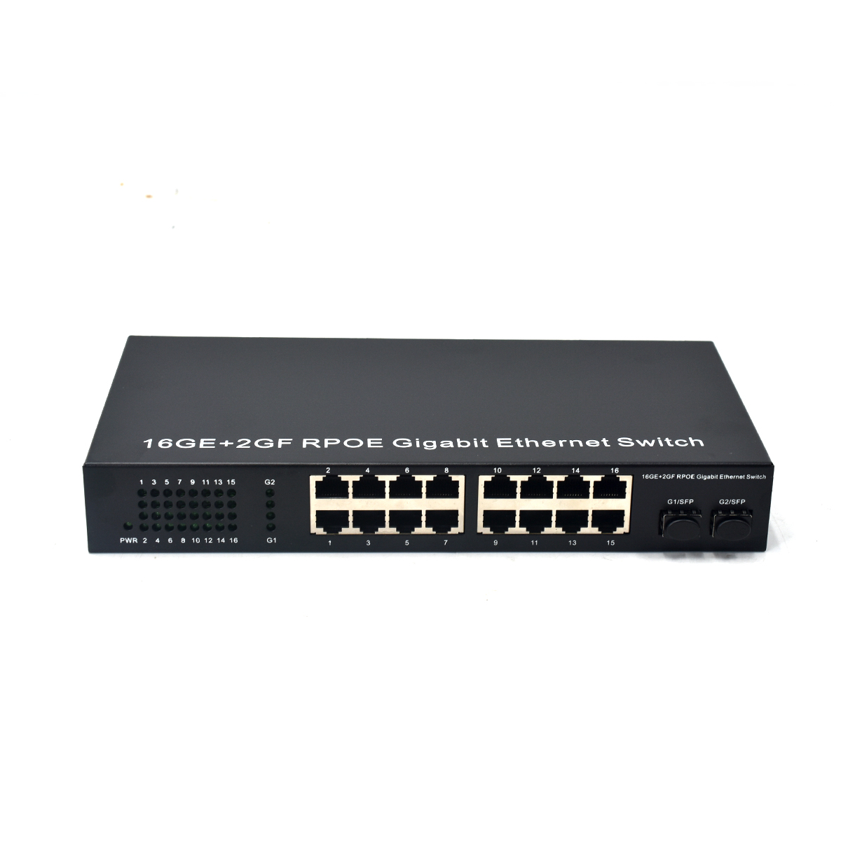 Product Gallery: Unmanaged PoE Powered Network Switch, 16 Gigabit Ports with 2 SFP Fiber Uplinks, Desktop Metal Case for Remote Power Input 2