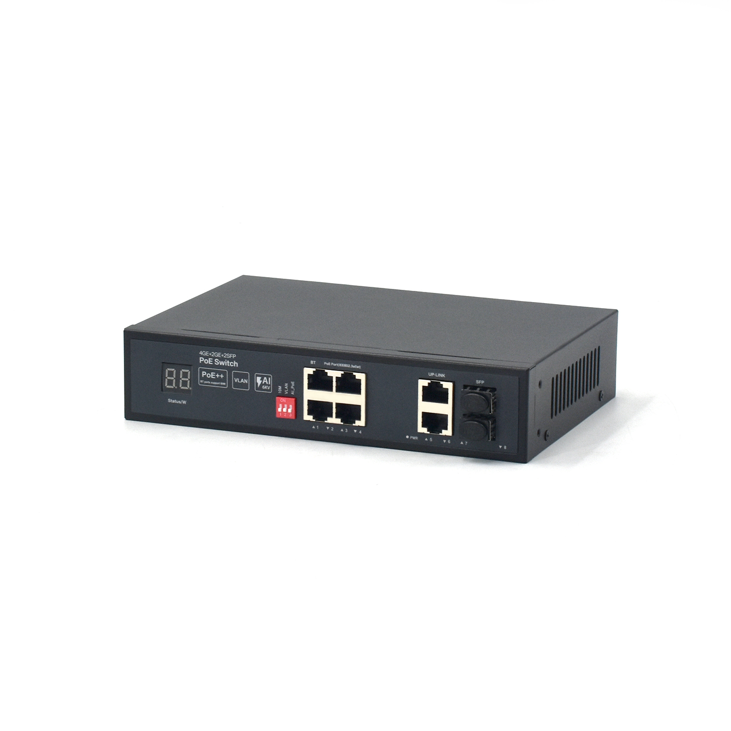 Product Gallery: Unmanaged 4 Port PoE Gigabit Switch, 2 RJ45 Uplink + 2 SFP Slots, 60W PoE++, VLAN/Extend Mode, Desktop & Wall Mount for IP Surveillance 2
