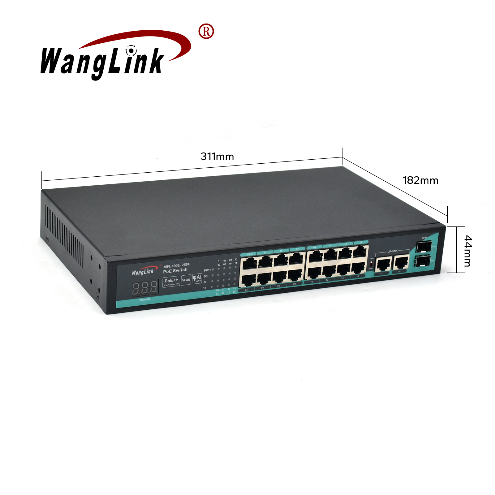 Product Gallery: 16 Port PoE Smart Switch, 2 SFP Slots, 2 Gigabit Uplink, VLAN & 250m Extend, Desktop/Wall Mount for Surveillance & SMB 3