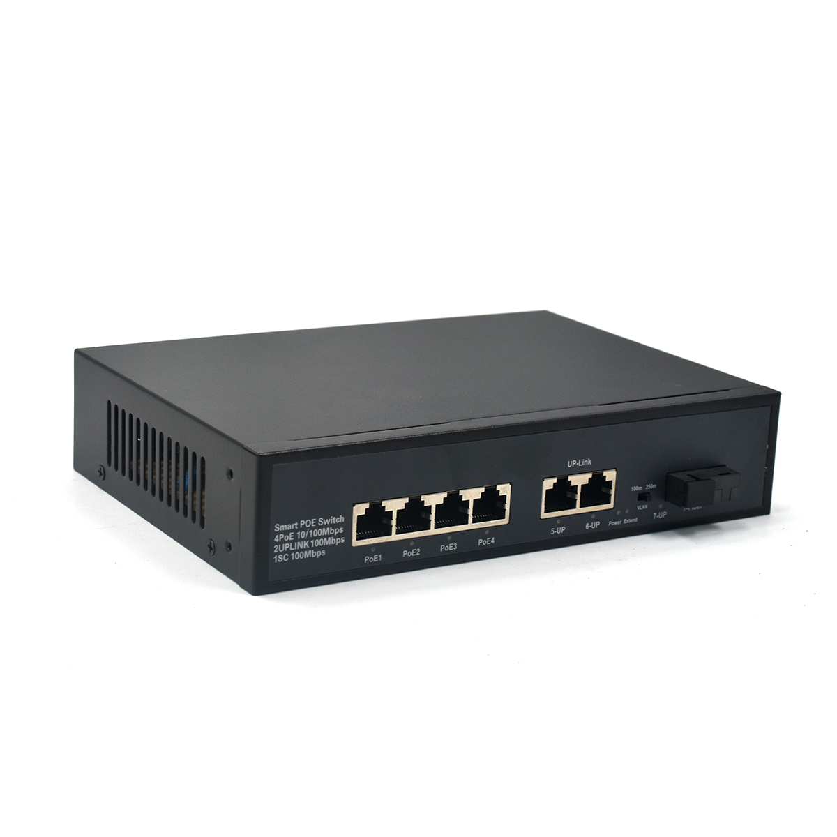 Product Gallery: Unmanaged PoE Network Switch 4 Port Fast Ethernet, 2 Uplink RJ45, 1 Fiber Port, 250m Extend Mode, VLAN Isolation, Desktop/Wall Mount 3