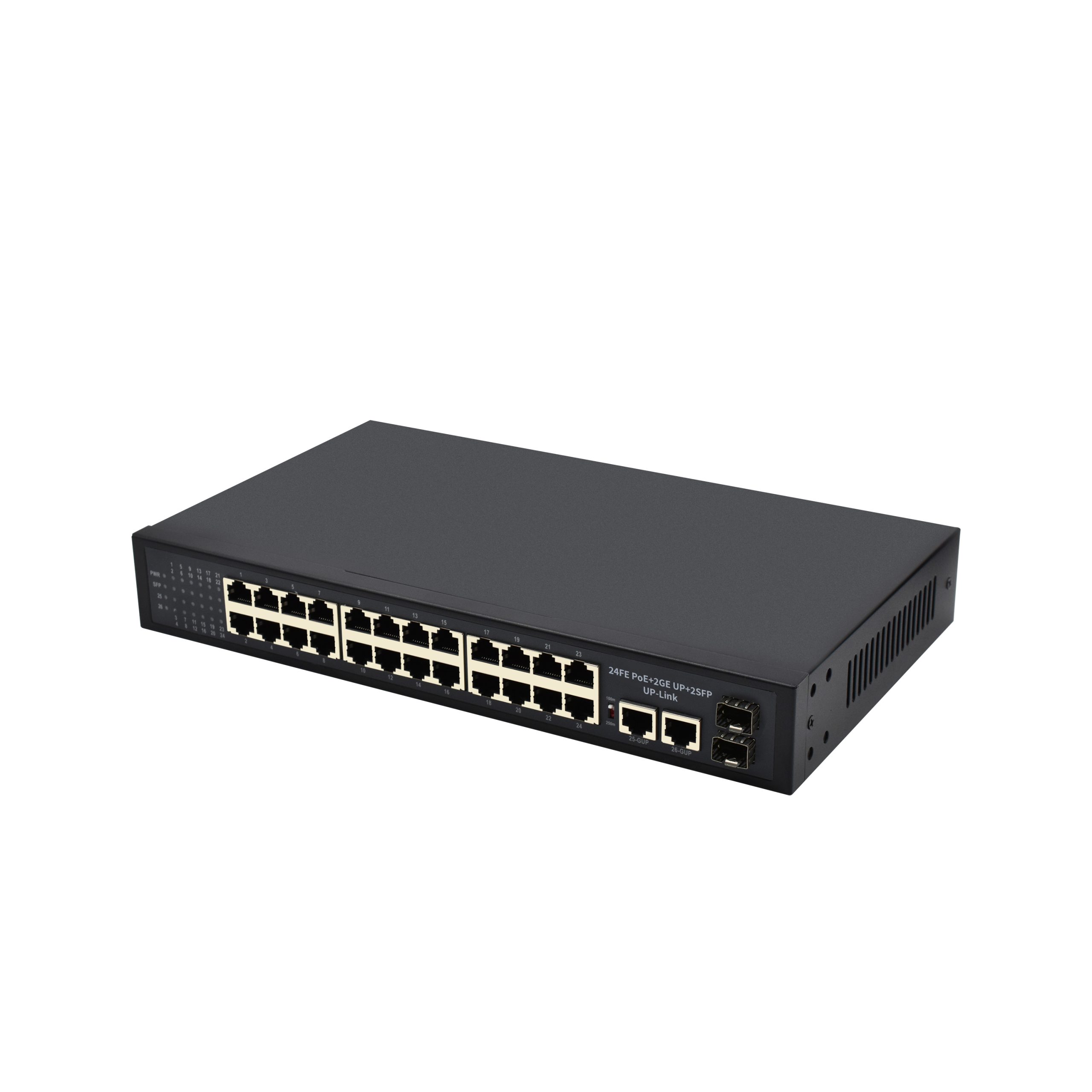 Product Gallery: Unmanaged 24-Port PoE Switch for CCTV, 2 Gigabit RJ45 Uplink + 2 SFP Slots, 250m Long Distance, Desktop/Wall/Rack Mount 3