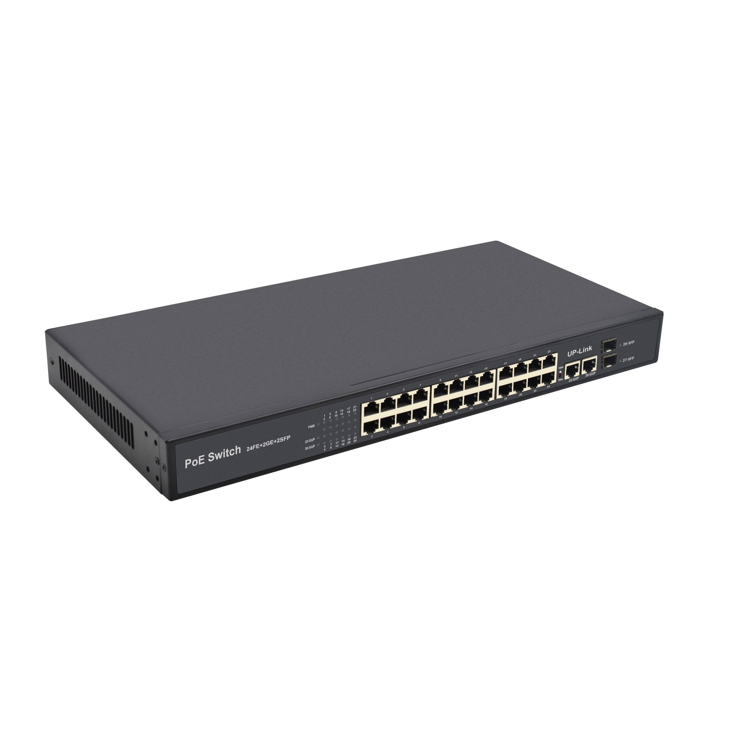 Product Gallery: Unmanaged 24-Port PoE Network Switch, 2 Gigabit Uplink & 2 SFP Slots, 250m Long Distance, VLAN Mode, Metal Case for Surveillance & SMB 3