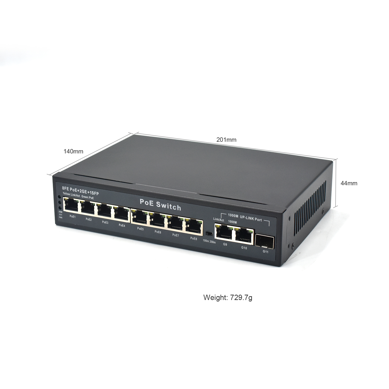Product gallery: Unmanaged 8 Port PoE Switch with Fiber Uplink, 2 Gigabit RJ45, 1 SFP Slot, 250m Extend Mode for Long-Distance Surveillance