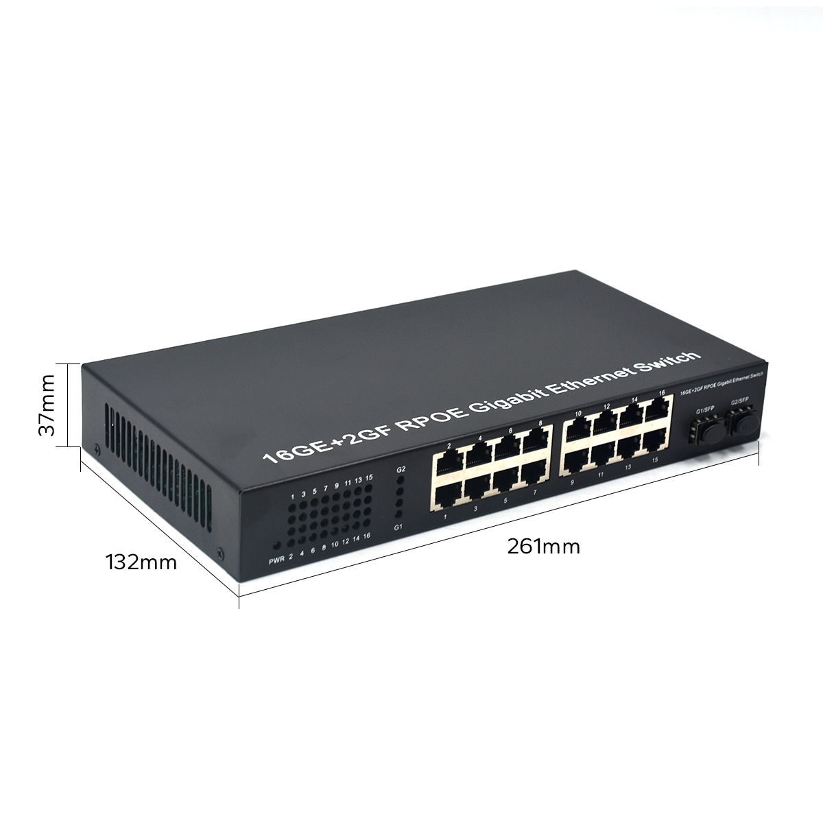 Product Gallery: Unmanaged PoE Powered Network Switch, 16 Gigabit Ports with 2 SFP Fiber Uplinks, Desktop Metal Case for Remote Power Input 3