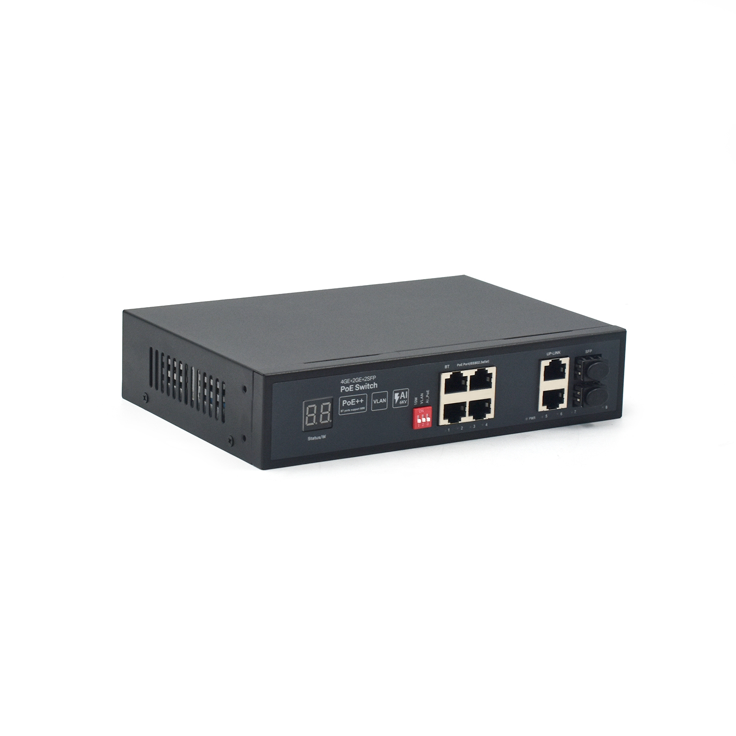 Product Gallery: Unmanaged 4 Port PoE Gigabit Switch, 2 RJ45 Uplink + 2 SFP Slots, 60W PoE++, VLAN/Extend Mode, Desktop & Wall Mount for IP Surveillance 3