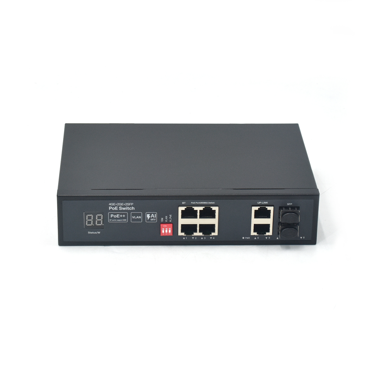 Product Gallery: Unmanaged 4 Port PoE Gigabit Switch, 2 RJ45 Uplink + 2 SFP Slots, 60W PoE++, VLAN/Extend Mode, Desktop & Wall Mount for IP Surveillance 4