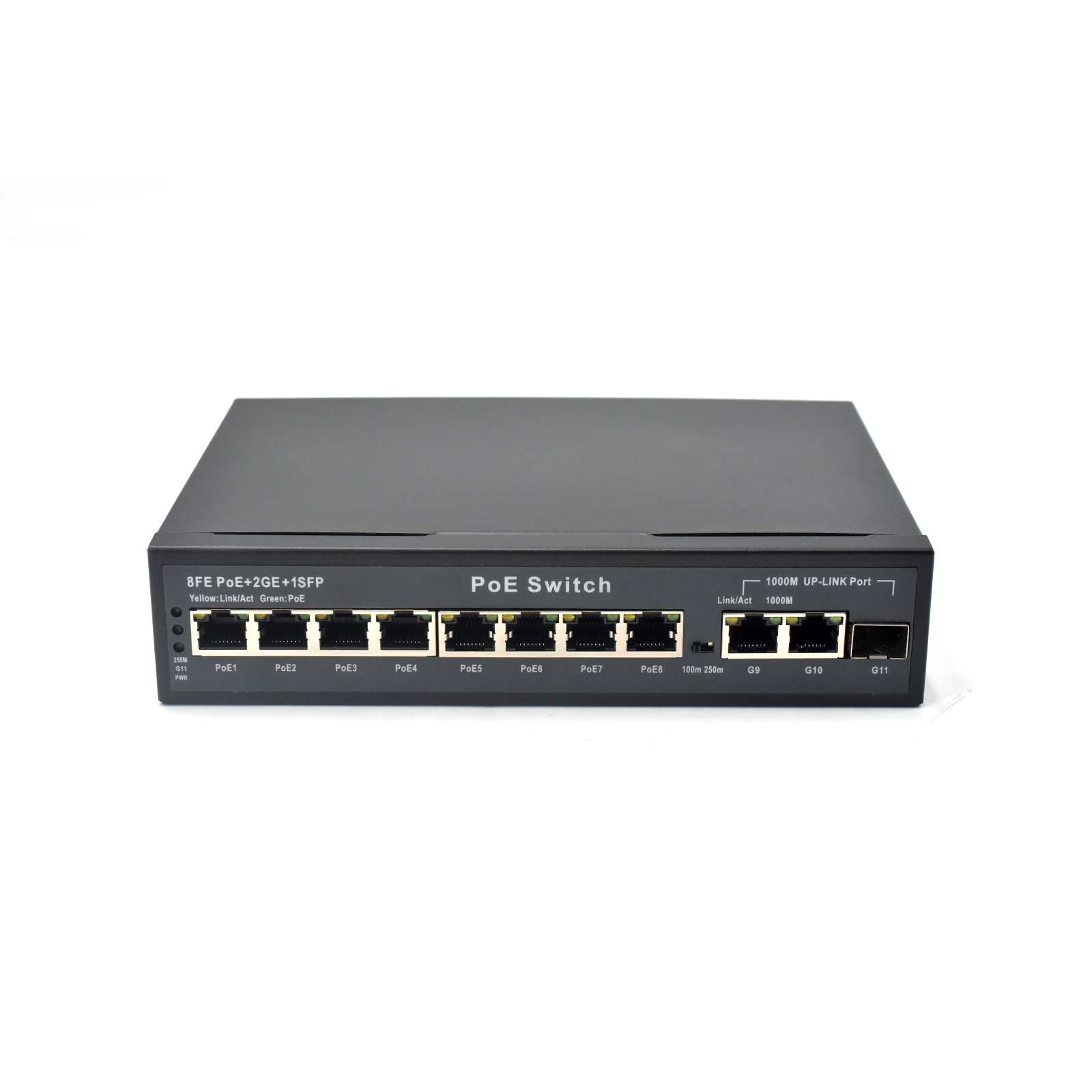 Product gallery: Unmanaged 8 Port PoE Switch with Fiber Uplink, 2 Gigabit RJ45, 1 SFP Slot, 250m Extend Mode for Long-Distance Surveillance