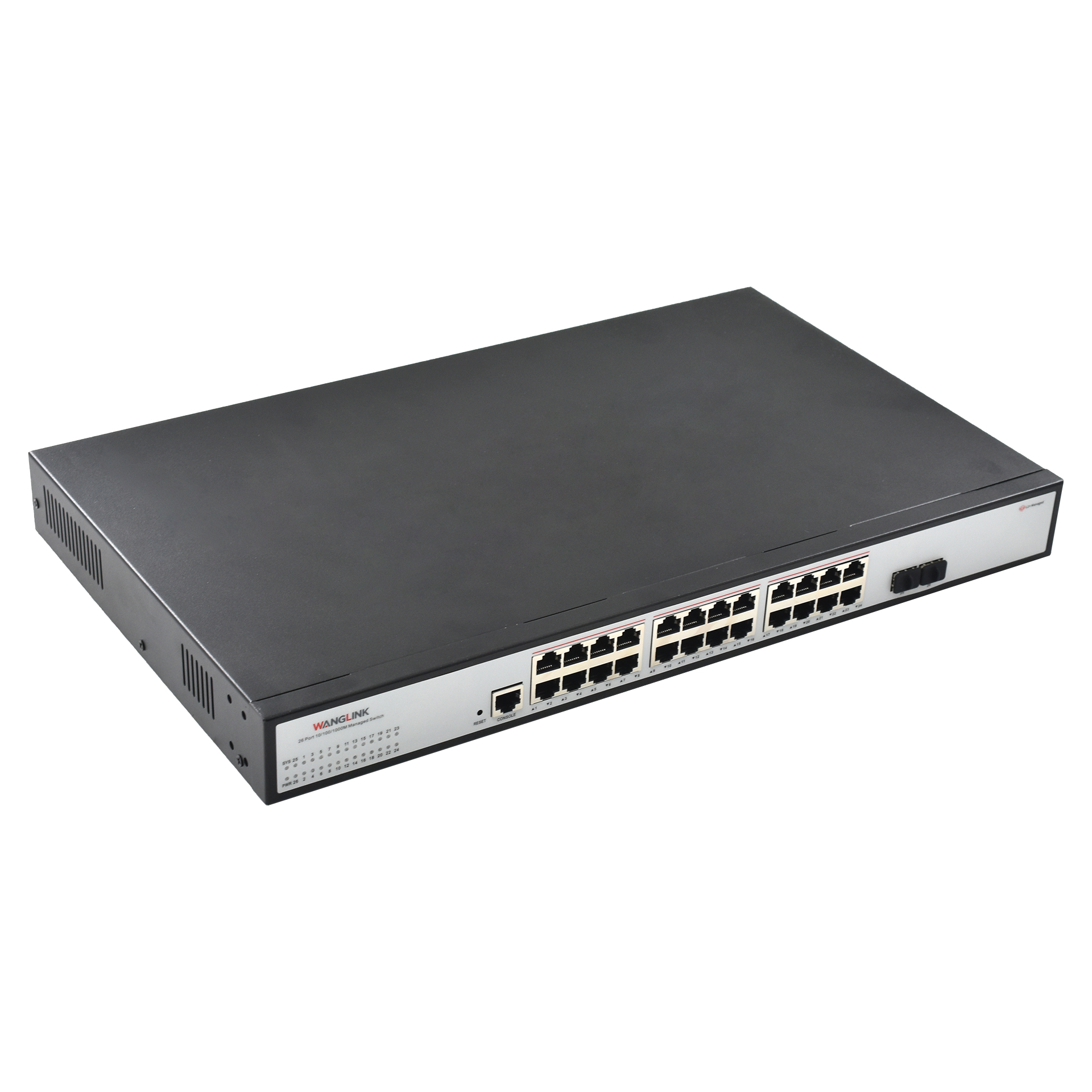 Product gallery: Managed 24 Port Gigabit L2 PoE Switch, 2 SFP Uplink, 30W PoE+ per Port, 1U Rack-Mount for SMBs & Surveillance
