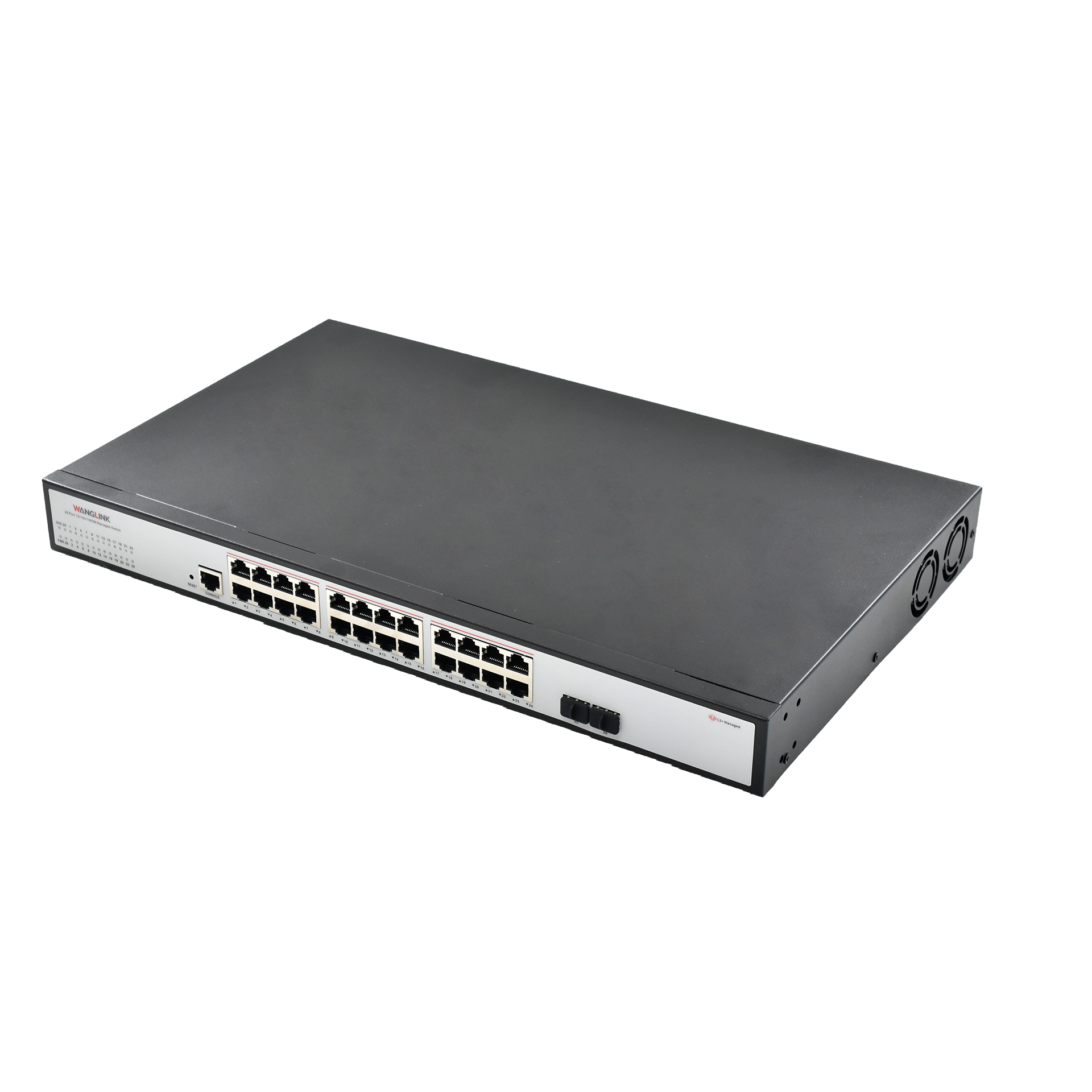 Product gallery: Managed 24 Port Gigabit L2 PoE Switch, 2 SFP Uplink, 30W PoE+ per Port, 1U Rack-Mount for SMBs & Surveillance