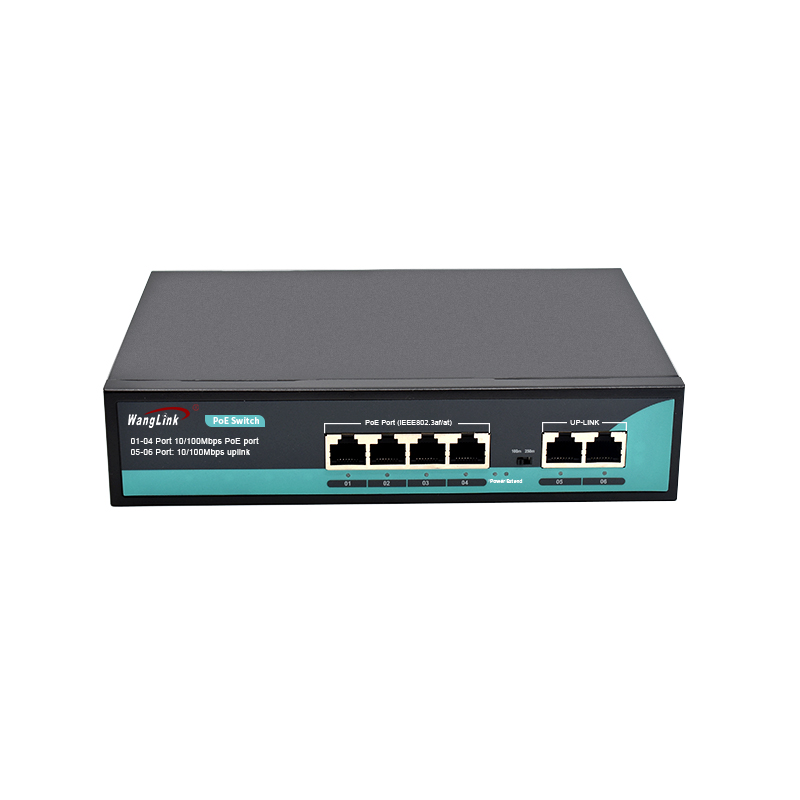 Product gallery: Unmanaged 4 Port PoE Switch, 6-Port Fast Ethernet with 2 RJ45 Uplink, 65W Budget, VLAN & 250m Extend Mode for IP Surveillance and Small Business