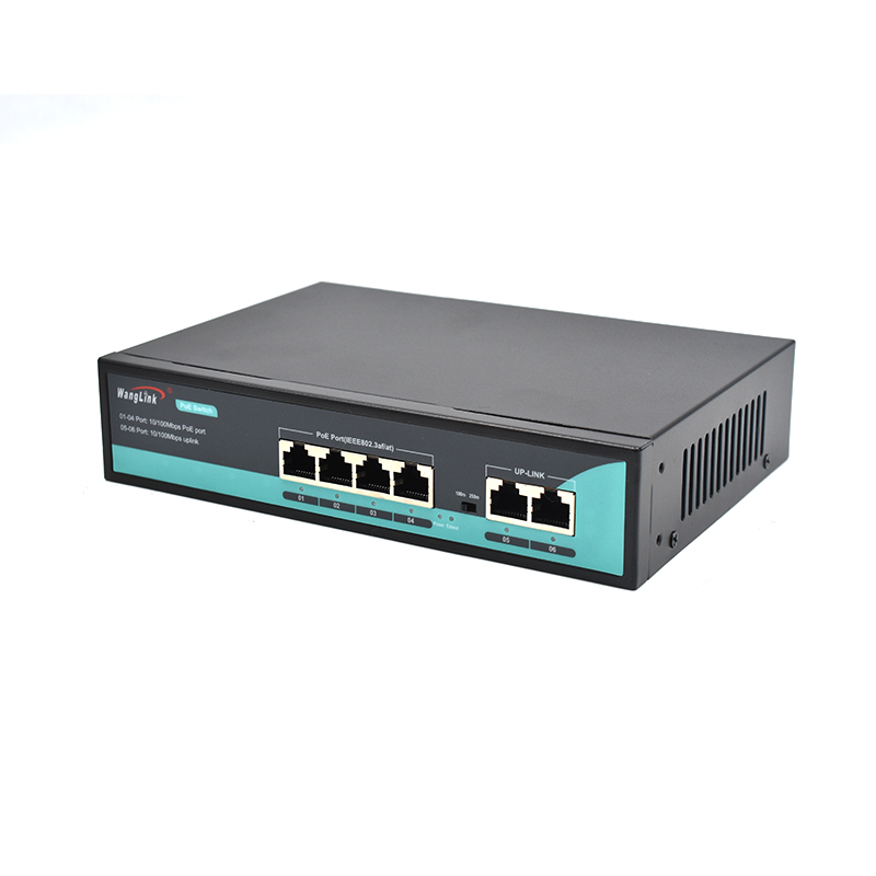 Product gallery: Unmanaged 4 Port PoE Switch, 6-Port Fast Ethernet with 2 RJ45 Uplink, 65W Budget, VLAN & 250m Extend Mode for IP Surveillance and Small Business