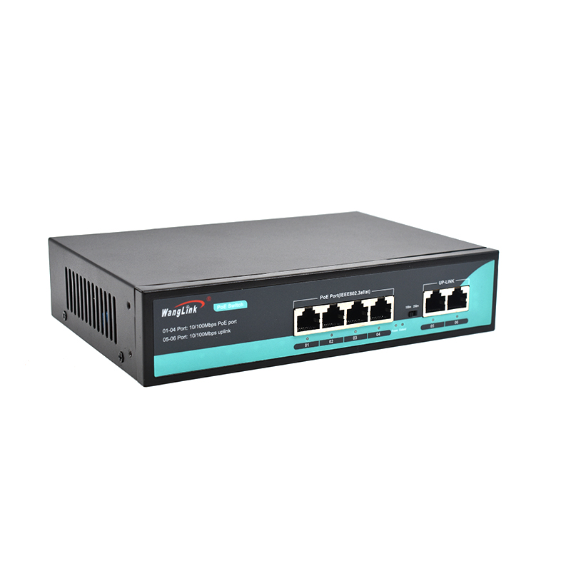 Product gallery: Unmanaged 4 Port PoE Switch, 6-Port Fast Ethernet with 2 RJ45 Uplink, 65W Budget, VLAN & 250m Extend Mode for IP Surveillance and Small Business