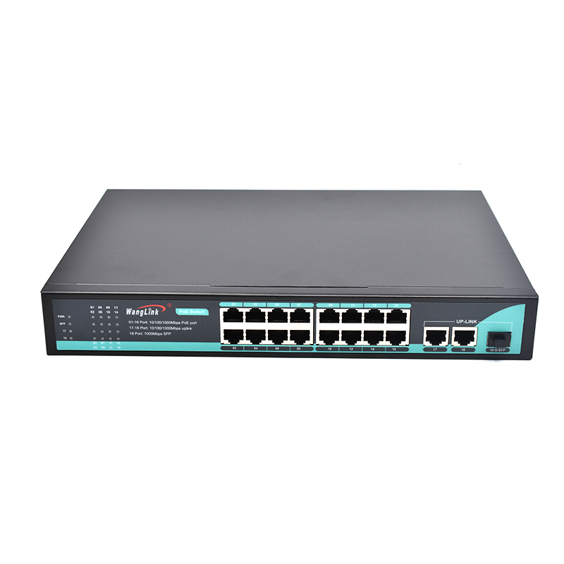 Product Gallery: Unmanaged 16 Port PoE Network Switch, Gigabit, 2 RJ45 Uplink + 1 SFP Slot, 250m Long Distance, Metal Housing for Surveillance 2