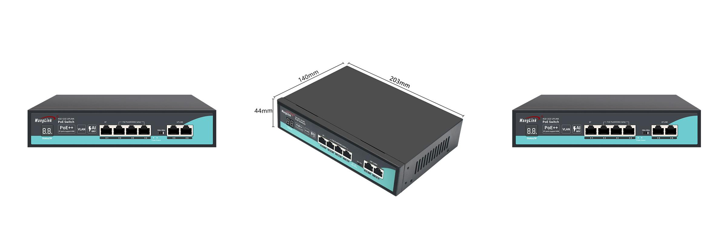 Product Gallery: Unmanaged 4 Channel PoE Switch, 6 Ports Gigabit with 1 PoE++ 60W and 3 PoE+ 25.4W, 2 Uplink RJ45, VLAN & 250m Long Distance, Desktop/Wall Mount for Surveillance & SMB 3