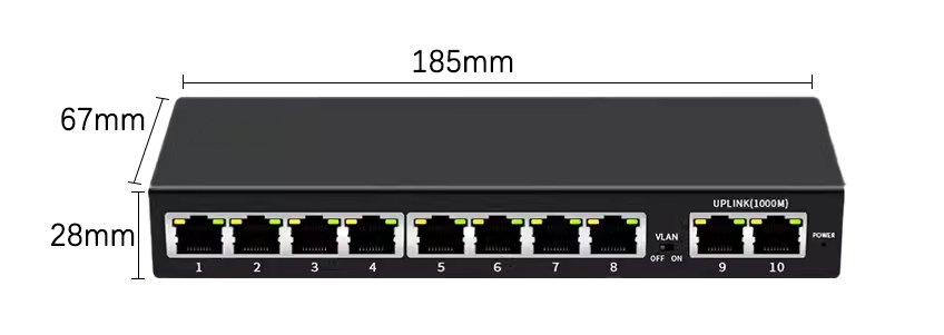 Product size: 8 Port Passive PoE Switch, Unmanaged Fast Ethernet, 2 Gigabit Uplink Ports, 250m Long Range, Desktop for Surveillance