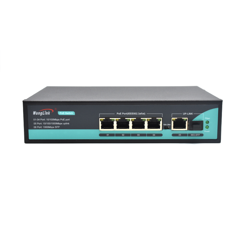 Product Gallery: Unmanaged 4 Port PoE Switch with Fiber Uplink, Fast Ethernet, 1 Gigabit RJ45 Uplink & 1 SFP Slot, 250m Extend Mode, VLAN Isolation, Desktop/Wall Mount for IP Camera Surveillance 4