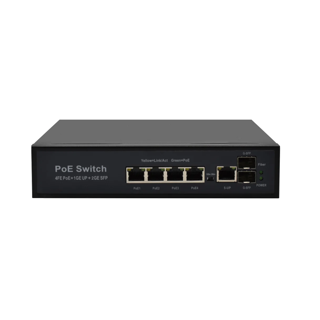 showcase of Unmanaged 4 Port PoE Switch for CCTV, Fast Ethernet + Gigabit Uplink, 2 SFP Slots, 250m Long Reach & VLAN Isolation, Metal Desktop / Wall Mount
