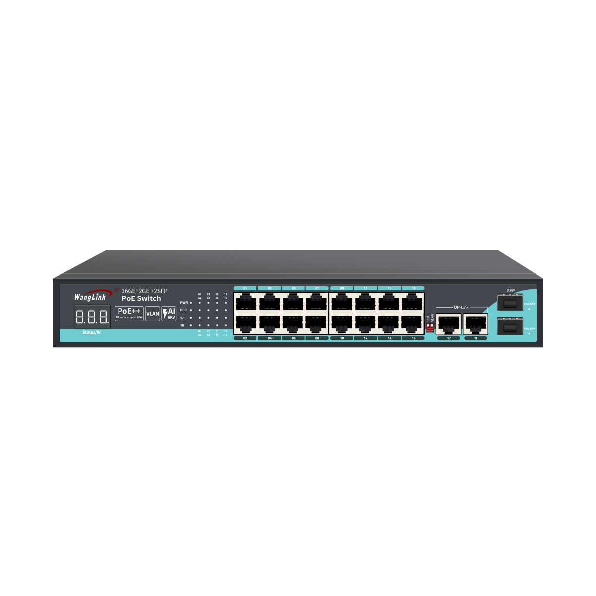 Feature image: Unmanaged PoE++ Switch Gigabit 16 Ports 2 SFP, 2 RJ45 Uplinks, Metal Housing for IP Surveillance