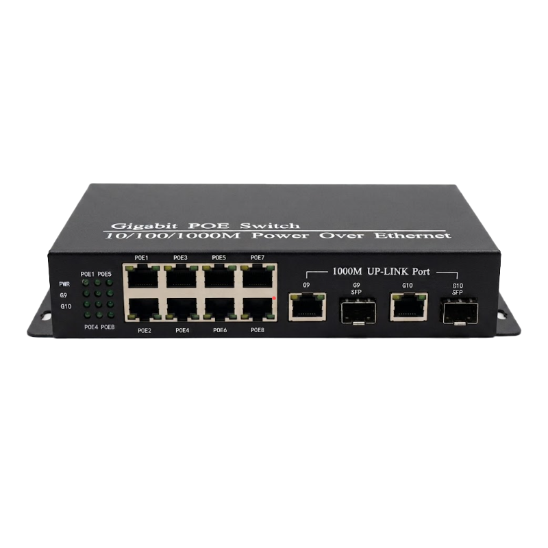 showcase of Unmanaged DC Wall-mount 8 port PoE Switch, 2 Gigabit Copper Uplink Ports, 2 SFP Slots, 96W PoE Budget