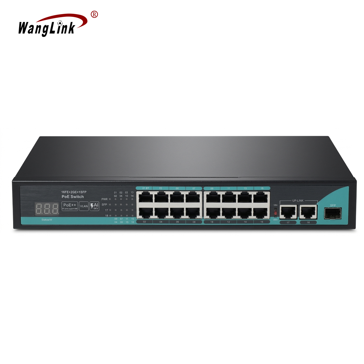 showcase of Unmanaged 16 Ports Fast Ethernet PoE++ Switch with 2 Gigabit SFP, 100m, VLAN & Metal Housing