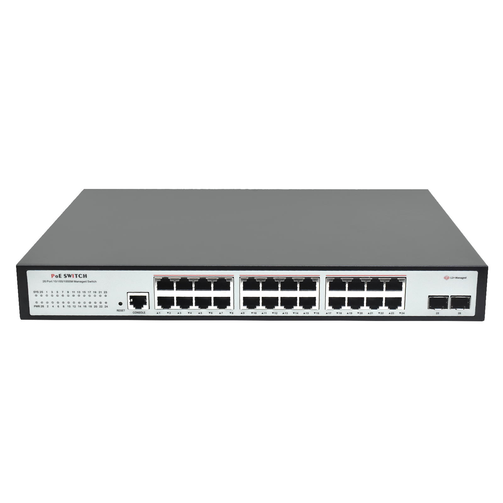 24 Ports Gigabit Managed Desktop PoE Switch, 2 SFP Uplinks, L2 VLAN/ACL/QoS, 54Gbps Backplane for SMB & Surveillance