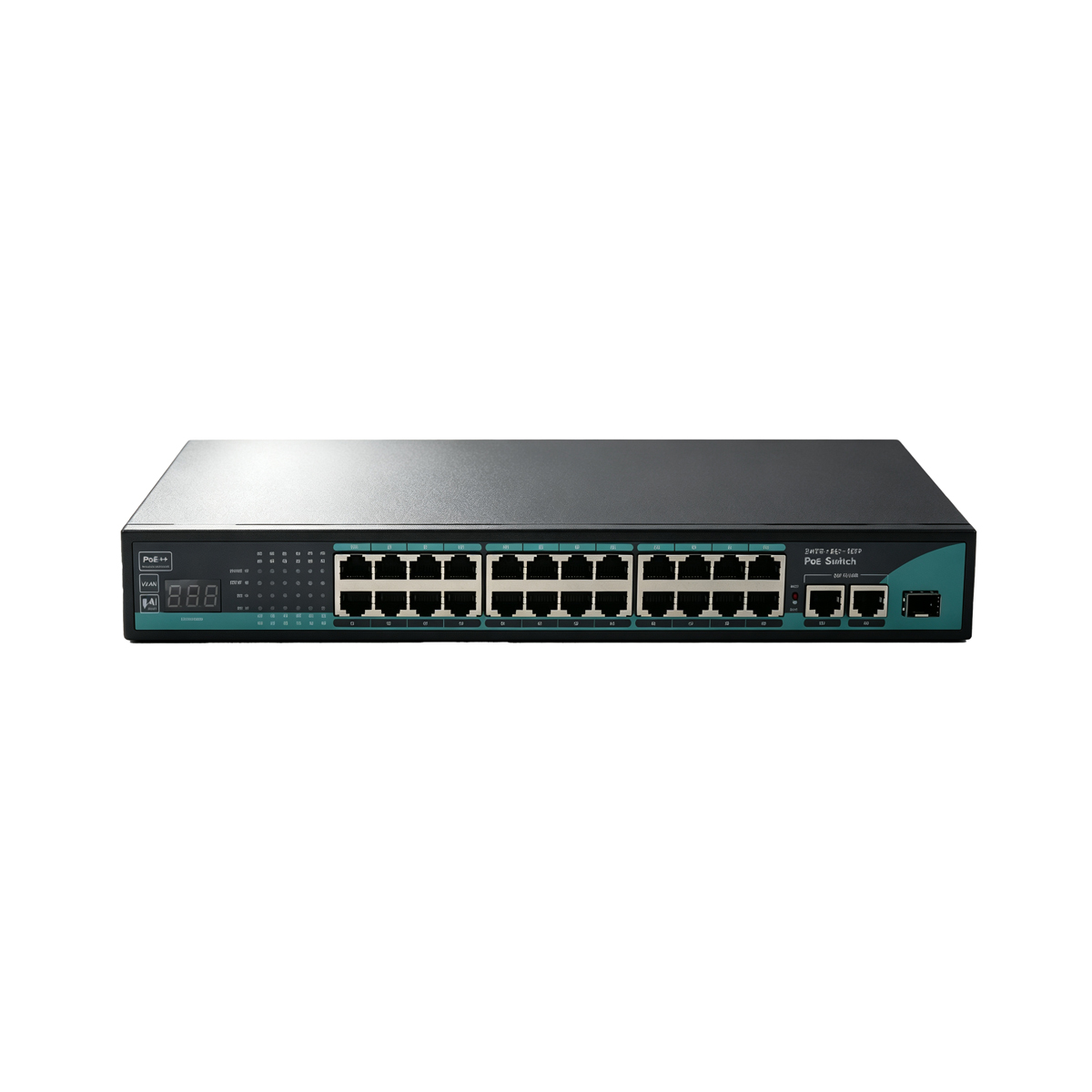showcase of Unmanaged Fast Ethernet 24 Ports PoE++ Switch with Digital Power Meter, 2 Gigabit RJ45 Uplinks & 1 SFP, 250m Long Reach, Wall/Desktop/Rack Mount for Surveillance