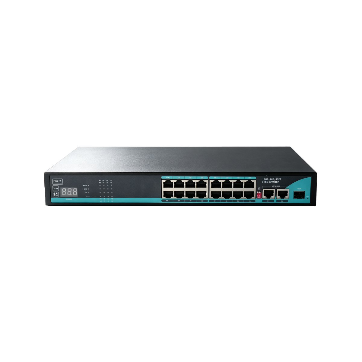 Feature image: Unmanaged 16 ports Gigabit PoE++ switch with digital power meter, 2 RJ45 Uplinks + 1 SFP, 250m PoE, VLAN Isolation, Desktop/Wall/Rack Mount