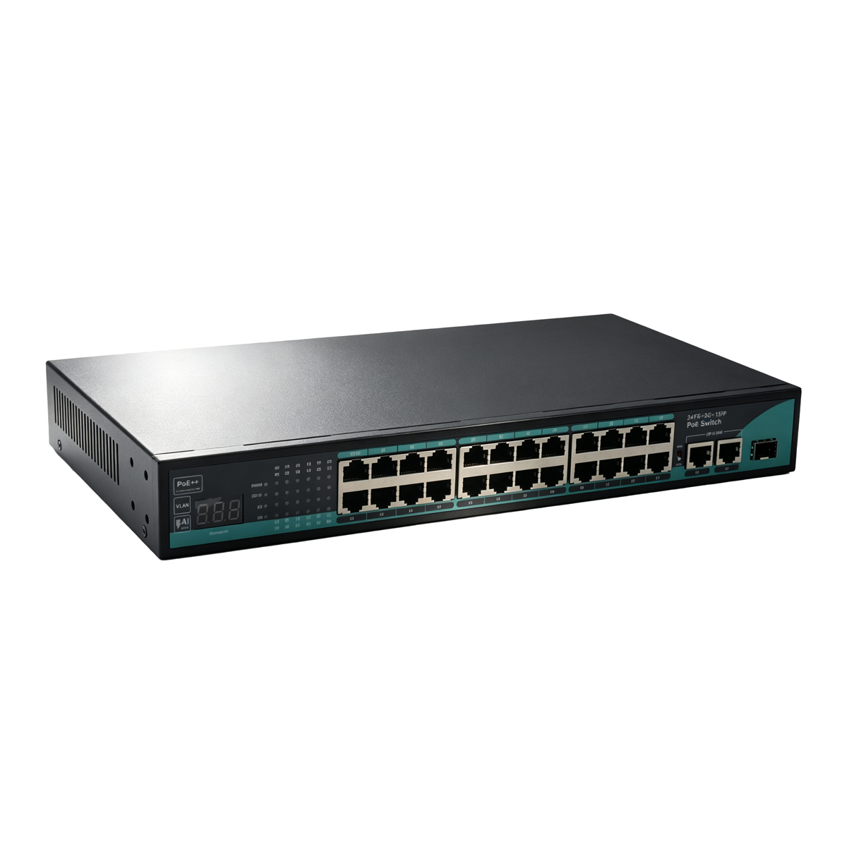 Product gallery: Unmanaged Fast Ethernet 24 Ports PoE++ Switch with Digital Power Meter, 2 Gigabit RJ45 Uplinks & 1 SFP, 250m Long Reach, Wall/Desktop/Rack Mount for Surveillance