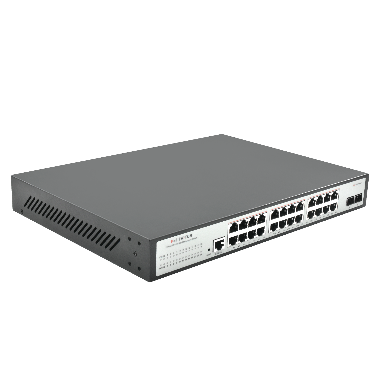 Product Gallery: 24 Ports Gigabit Managed Desktop PoE Switch, 2 SFP Uplinks, L2 VLAN/ACL/QoS, 54Gbps Backplane for SMB & Surveillance 3