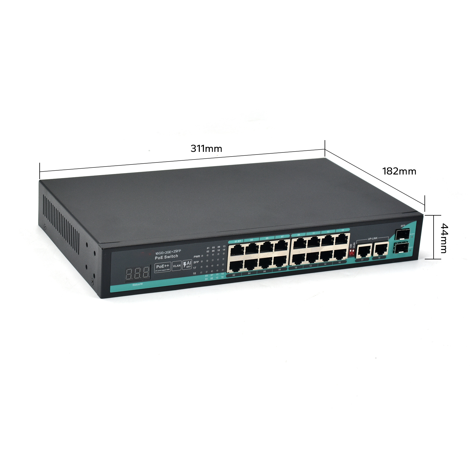 Product size: Unmanaged PoE++ Switch Gigabit 16 Ports 2 SFP, 2 RJ45 Uplinks, Metal Housing for IP Surveillance