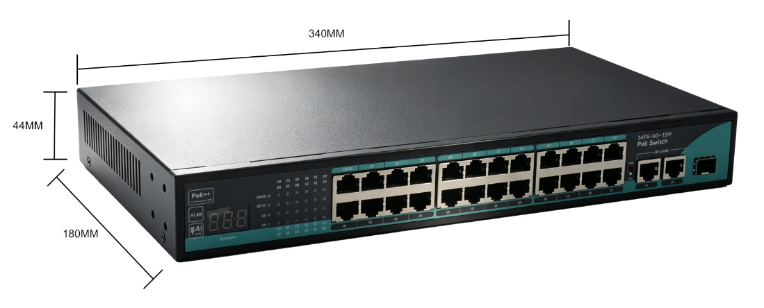 Product size: Unmanaged Fast Ethernet 24 Ports PoE++ Switch with Digital Power Meter, 2 Gigabit RJ45 Uplinks & 1 SFP, 250m Long Reach, Wall/Desktop/Rack Mount for Surveillance