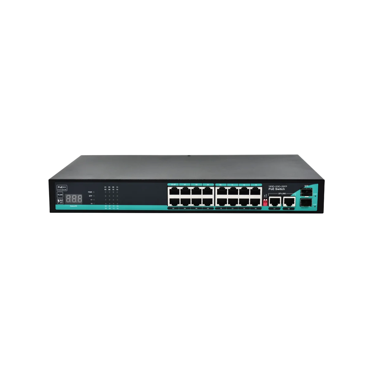 Unmanaged PoE++ Switch Gigabit 16 Ports 2 SFP, 2 RJ45 Uplinks, Metal Housing for IP Surveillance