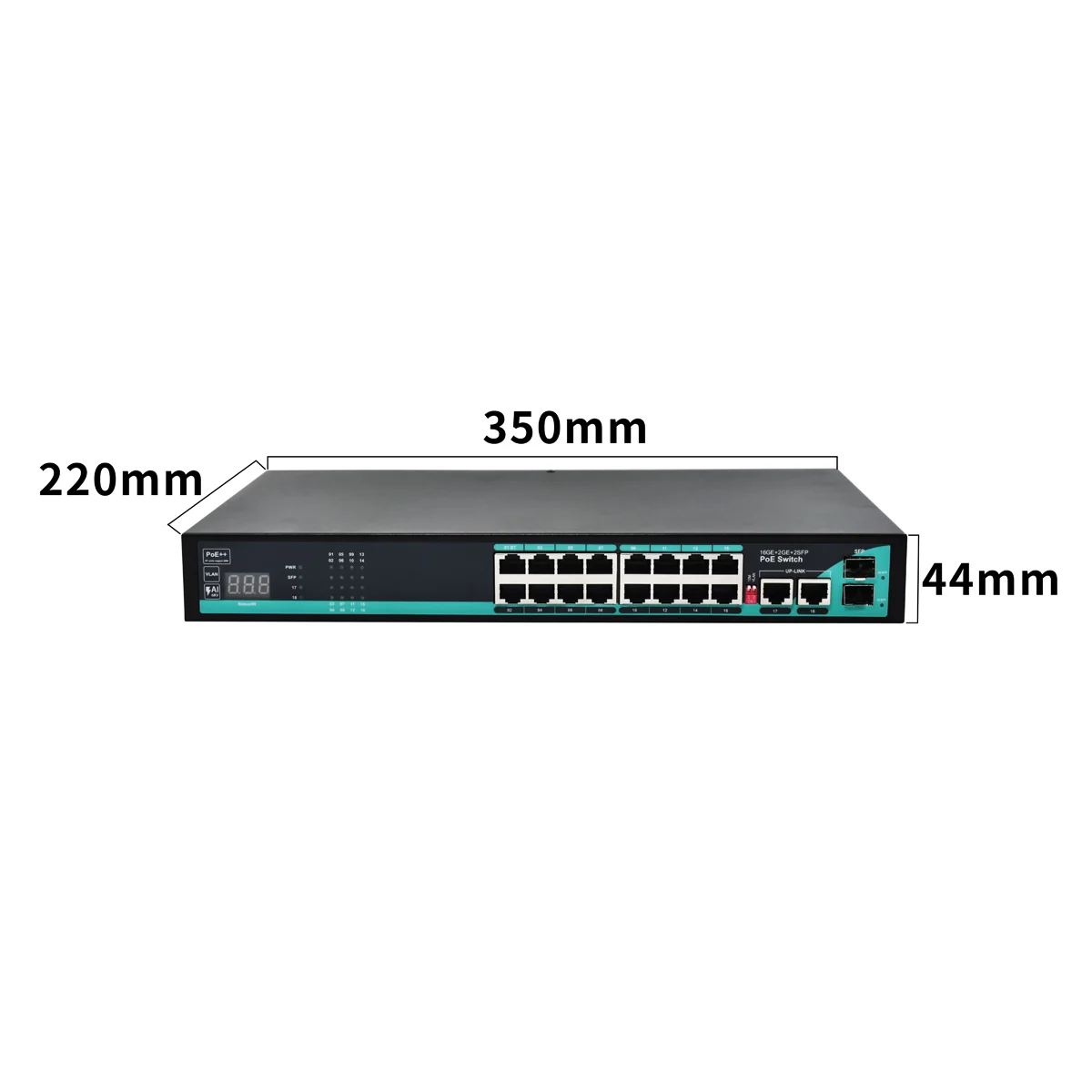 Product size: Unmanaged PoE++ Switch Gigabit 16 Ports 2 SFP, 2 RJ45 Uplinks, Metal Housing for IP Surveillance