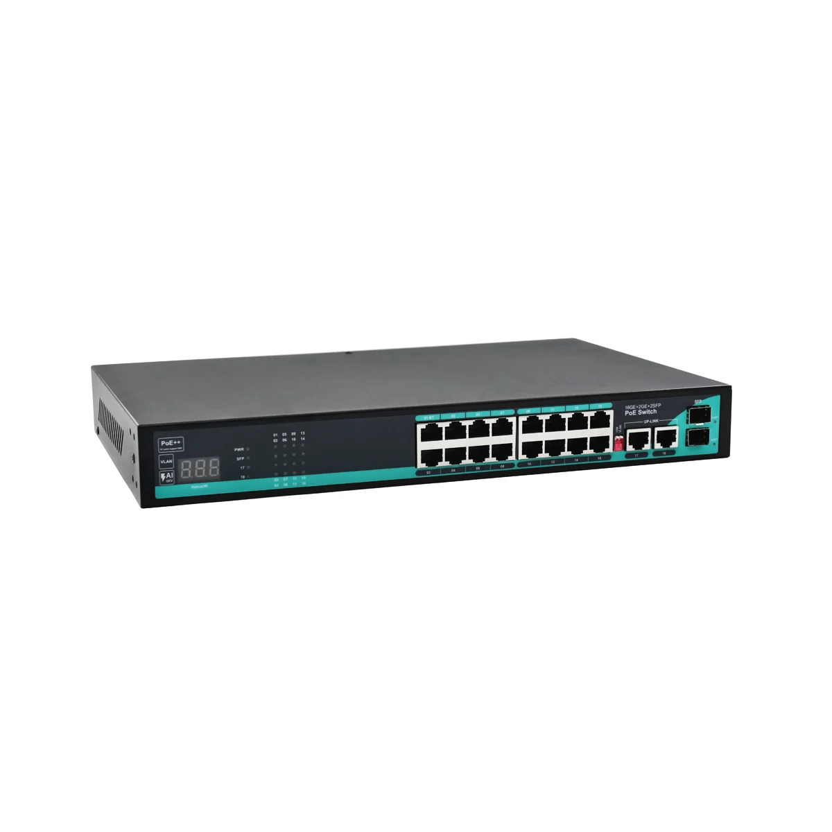 Product gallery: Unmanaged PoE++ Switch Gigabit 16 Ports 2 SFP, 2 RJ45 Uplinks, Metal Housing for IP Surveillance